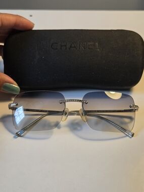 CHANEL Rimless Sunglasses Silver with Blue Gradient Lenses